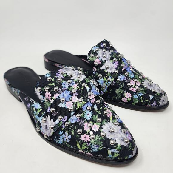 Rebecca Minkoff Milena Floral Studded Black Pink Blue slip-on Mules. EUC 8M - Picture 1 of 11
